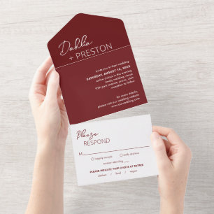 Minimale moderne Burgunder-Hochzeit All In One Einladung