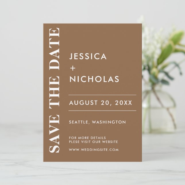 Minimale Moderne Dunkle Taupe Elegante Hochzeit Save The Date (Stehend Vorderseite)