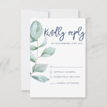 Minimale moderne Eukalyptus Navy Blue Wedding RSVP