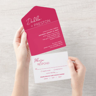 Minimale moderne Hochzeit in Hot Pink All In One Einladung