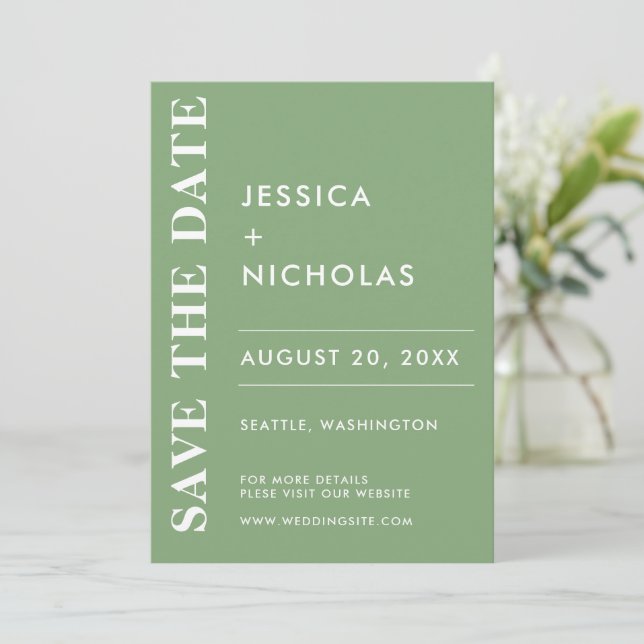 Minimale Moderne Pistachio Elegante Hochzeit Save The Date (Stehend Vorderseite)