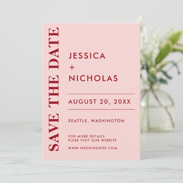 Minimale Moderne Rosa & Rot Elegante Hochzeit Save The Date (Stehend Vorderseite)