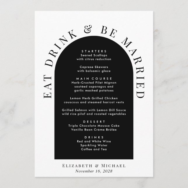 Minimale moderne Schwarz-weiße Hochzeit Menükarte (Vorderseite)