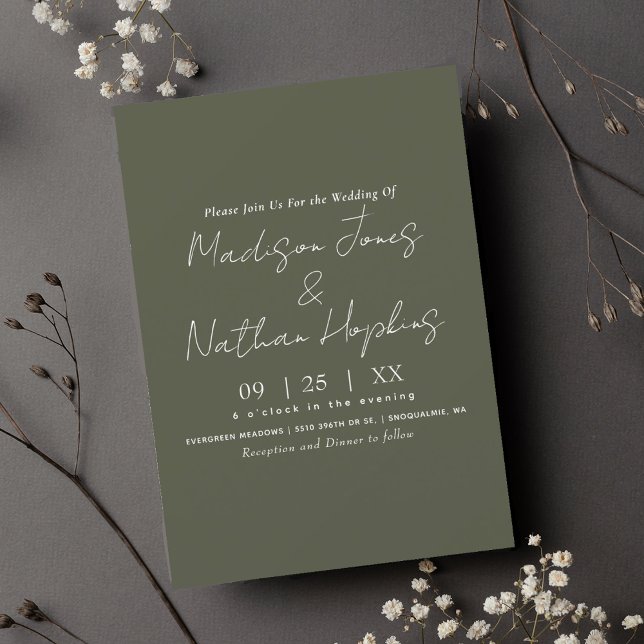 Minimale moderne Script Olive Green Wedding Einladung (Von Creator hochgeladen)