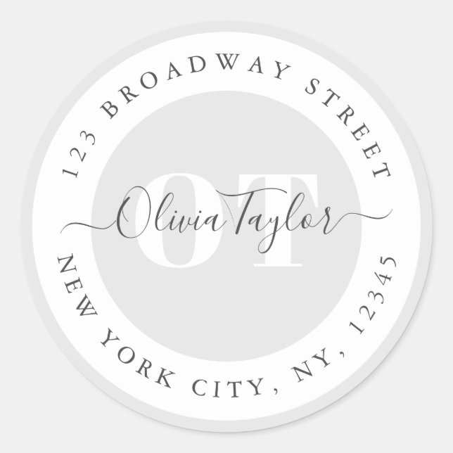 Minimale Monogram Moderne Script Gray Rücksendeadr Runder Aufkleber (Vorderseite)
