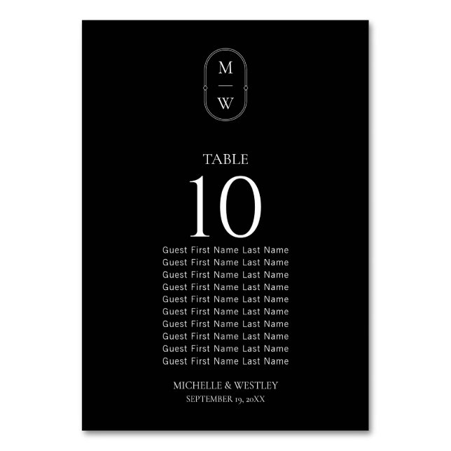 Minimale Monogramm-Schwarz-weiße Hochzeitstabelle Tischnummer (Vorderseite)