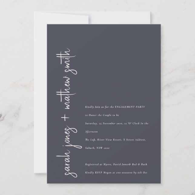 Minimale Navy Blush Black Moderne Script-Verlobung Einladung (Vorderseite)