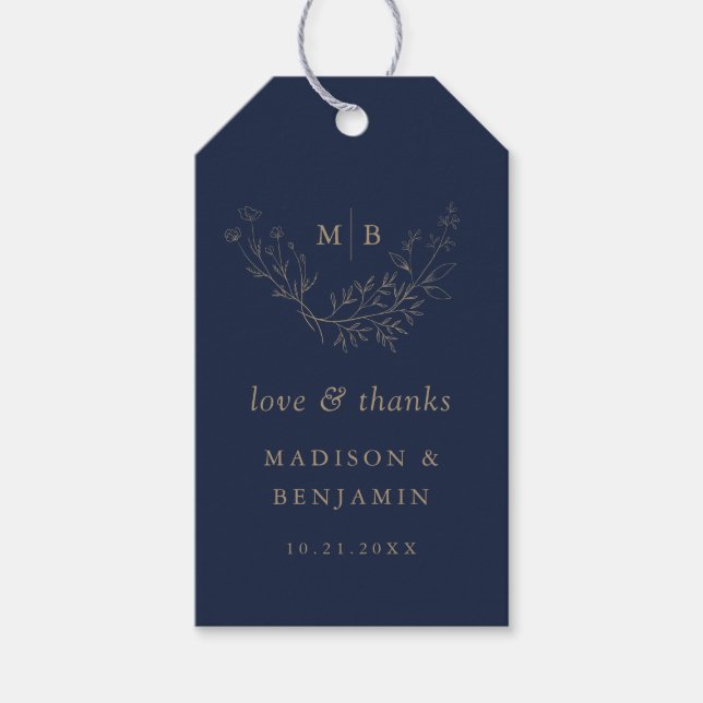 Minimale Navy Gold Botanische Monogramm Hochzeit Geschenkanhänger (Vorderseite)