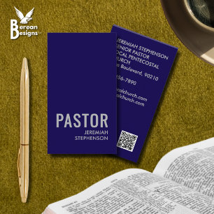 Minimale Navy Silber Logo QR Code Kirche PASTOR Visitenkarte