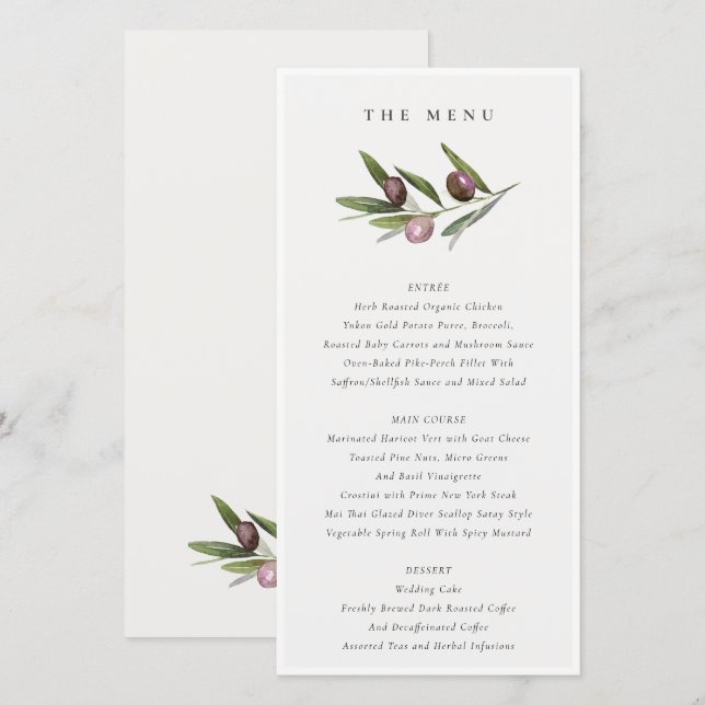Minimale Olive Branch Foliage Wedding Menu Card Dankeskarte (Vorne/Hinten)