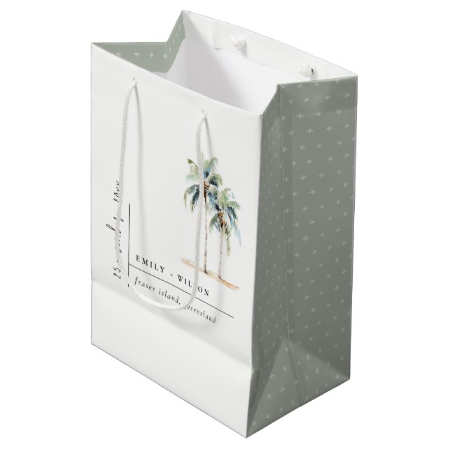 Minimale Palmen Wasserfarbe Tropische Hochzeit Mittlere Geschenktüte (Vorderseite Schrägansicht)
