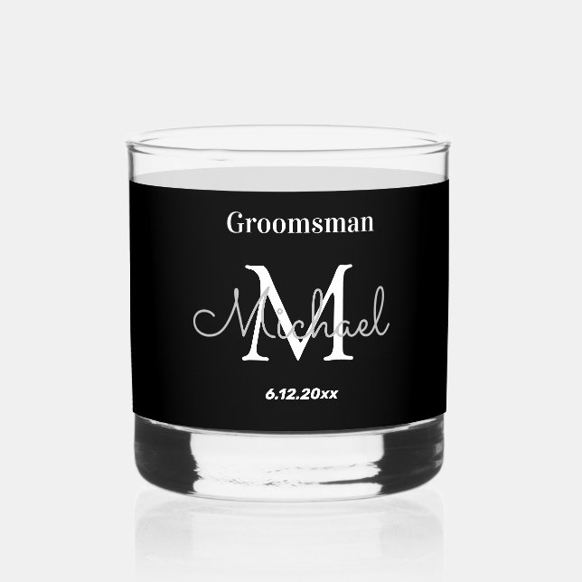 minimale personalisierte Trauzeugen Schwarz-weiß Whiskyglas (Vorderseite)