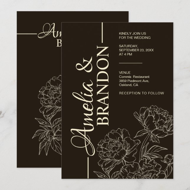 Minimale Pfingstrosen-Hochzeitseinladung Elegant Einladung (Vorne/Hinten)