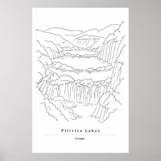 Minimale Plitvicer Seen Linienstil-Kunst | Kroatie Poster