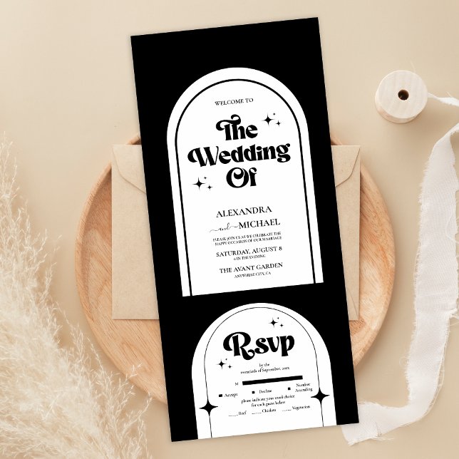 Minimale Retro Arch Black and White Wedding All In One Einladung (Von Creator hochgeladen)