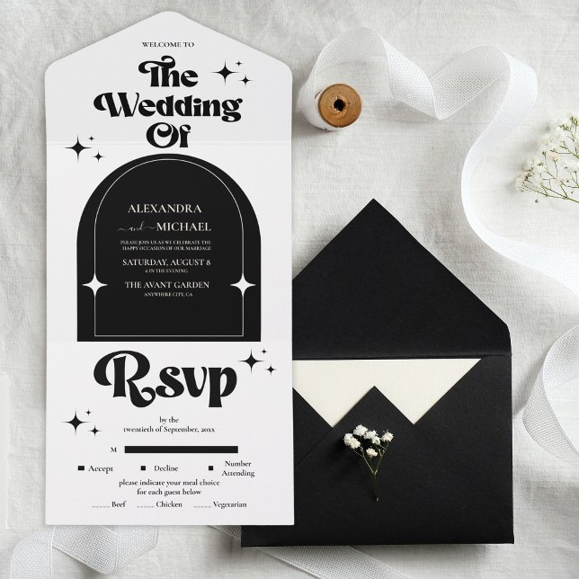 Minimale Retro Arch Schwarz und Weiß Hochzeit alle All In One Einladung (Von Creator hochgeladen)