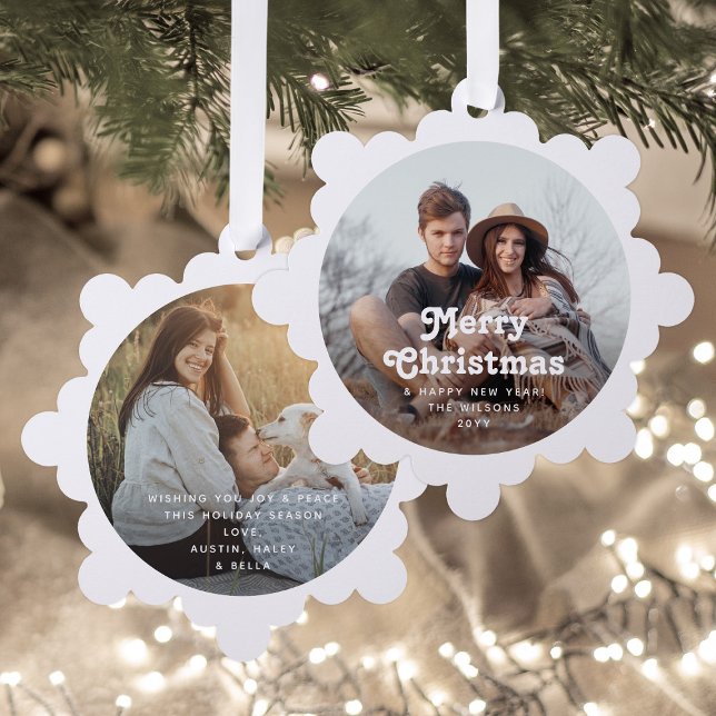 Minimale Retro Typografie 2 Foto Frohe Weihnachten Ornament Karte (Von Creator hochgeladen)