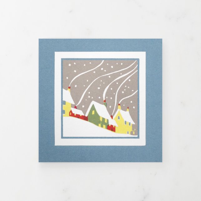 Minimale Retro-Zuhause im Winterschnee Dreifach Gefaltete Urlaubskarte (Cover)
