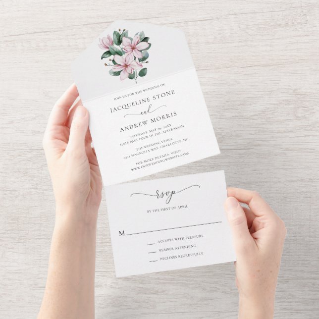 Minimale Rosa Magnolia Flora Hochzeit All In One Einladung (Abreißen)
