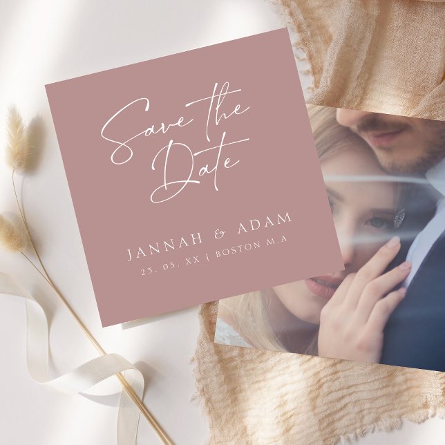 Minimale Rose Gold Script Typografy Foto Hochzeit Save The Date (Von Creator hochgeladen)