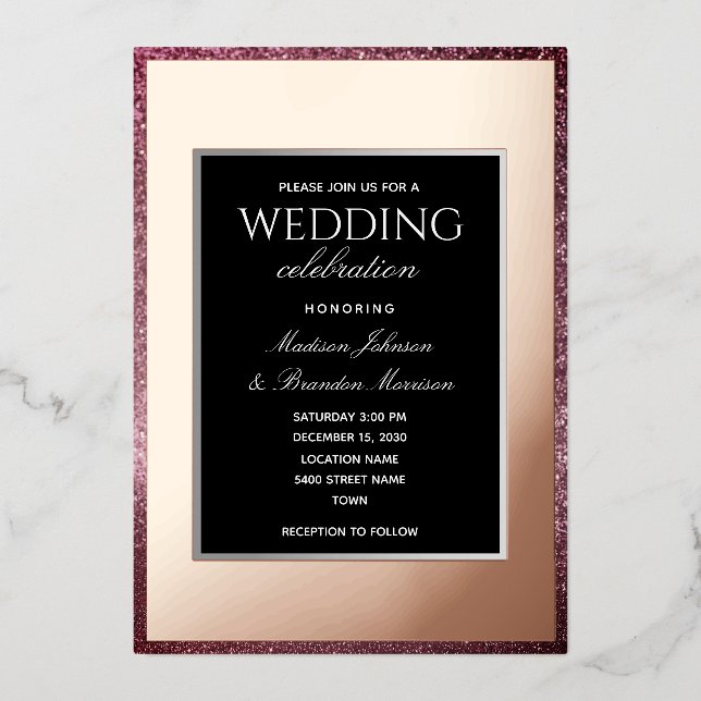 Minimale Rose Gold und Black Wedding Folieneinladung (Vorderseite)