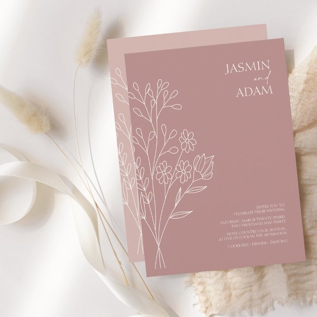 Minimale Rose Gold Weiße Wildblumen Hochzeit Einladung (Von Creator hochgeladen)