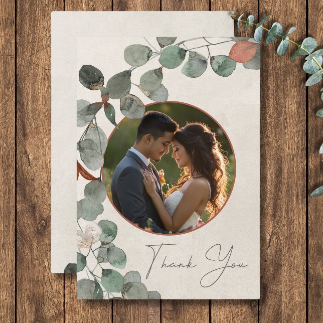Minimale Rost grüne Eukalyptus Wreath Foto Hochzei Dankeskarte (Minimal Rust Green Eucalyptus Wreath Photo Wedding Thank You Card)