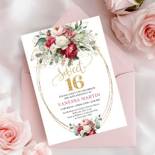 Minimale rote burgunderrote florale Sweet Sixteen- Einladung