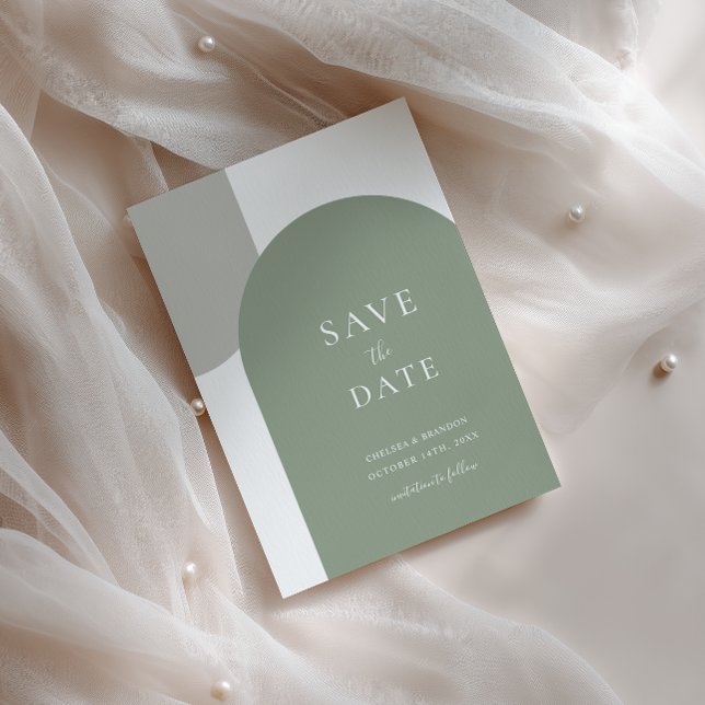 Minimale sagegrüne Boho-Bogen-Einfache Schrift Hoc Save The Date (Von Creator hochgeladen)