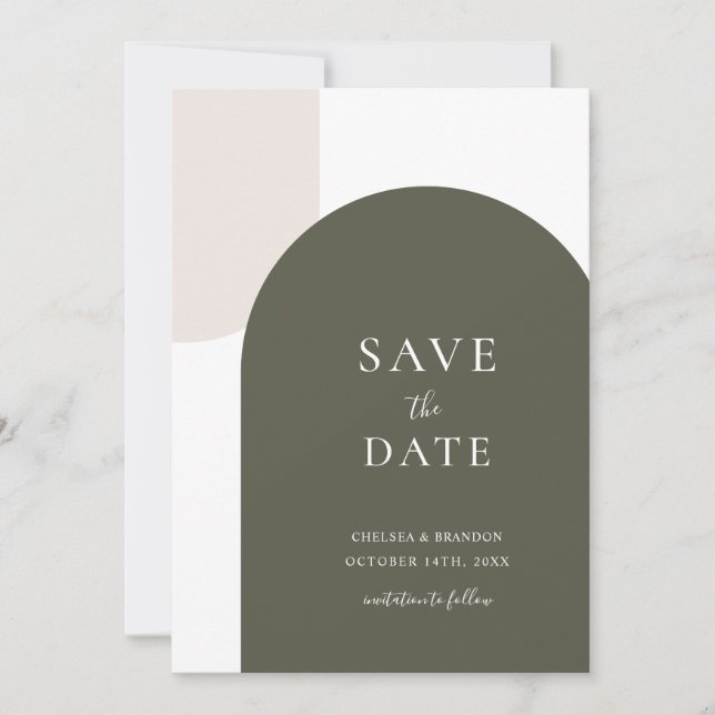 Minimale sagegrüne Boho-Bogen-Hochzeit mit weißer  Save The Date (Vorderseite)