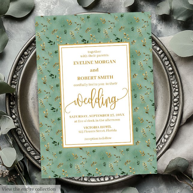Minimale Salbei-Goldmedaille Eukalyptus-Hochzeit e Einladung (Minimal sage green gold eucalyptus wedding invitation)