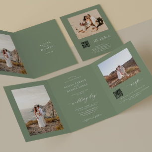 Minimale Salbeigrüne Foto-QR-RSVP-Details Hochzeit Dreifach Gefaltete Einladung