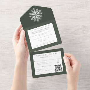 Minimale Schneeflocken-Hochzeit   Grün All In One Einladung