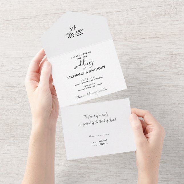 Minimale Schwarz-Weiß-Branch-Kalligrafie-Hochzeit All In One Einladung (Abreißen)