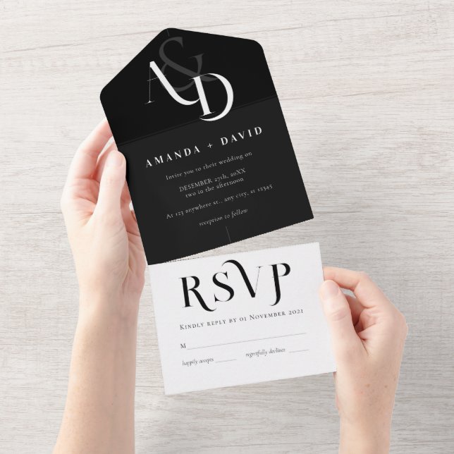 Minimale Schwarz-Weiß-Einfache Hochzeit All In One Einladung (Abreißen)