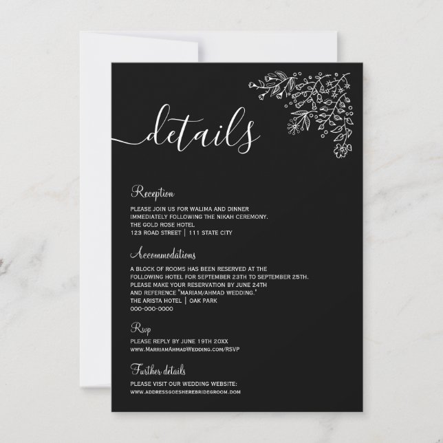 Minimale Schwarz & Weiß Floral Islamische Nikah De Einladung (Vorderseite)