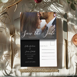 Minimale Schwarz-Weiß-Foto-Save-the-Date-Hochzeit Postkarte