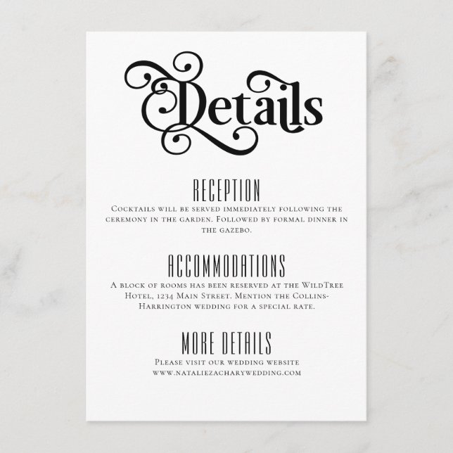 Minimale Schwarz-Weiß-Hochzeitdetails Begleitkarte (Vorderseite)