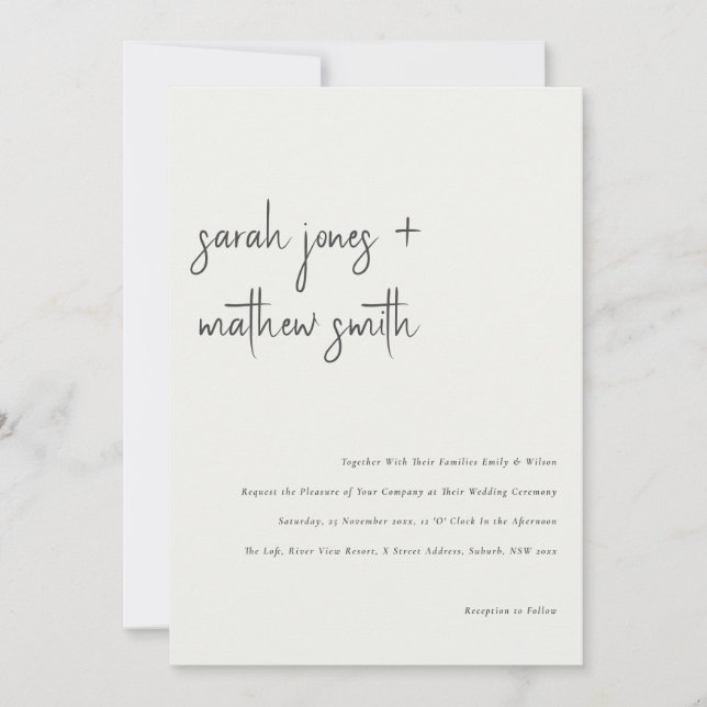 Minimale Schwarz-Weiß-Script-Typografie-Hochzeit Einladung (Vorderseite)