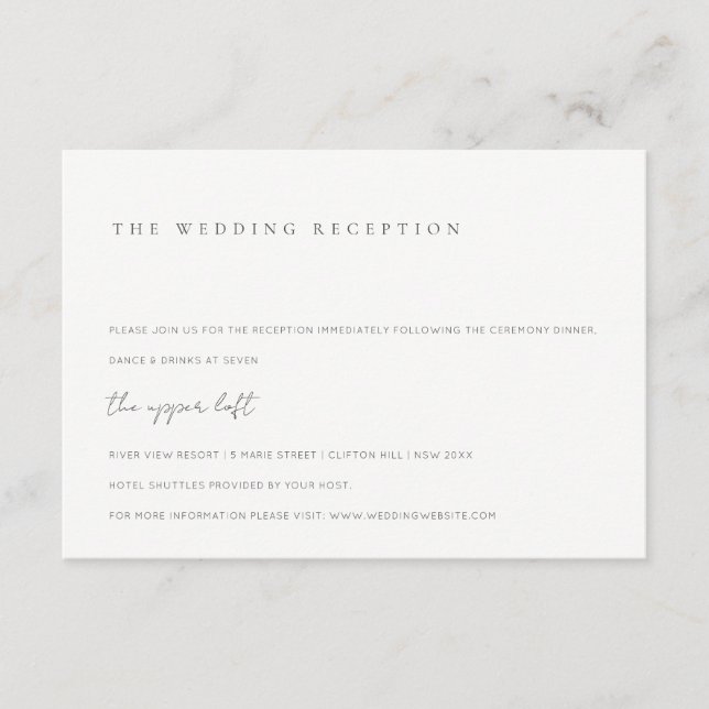 Minimale Schwarz-Weiß-Typografie Hochzeitsempfehlu Begleitkarte (Vorderseite)