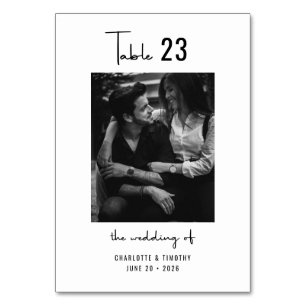 Minimale Schwarz-weiße Script-Foto-Hochzeit Tischnummer