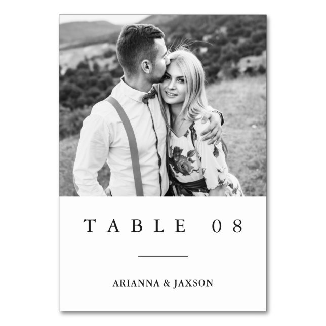 Minimale Schwarz-weiße Typografie Foto Hochzeit Tischnummer (Vorderseite)