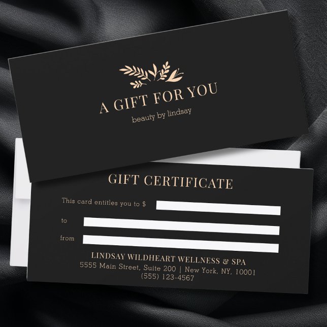 Minimale schwarze botanische Geschäftsgeschenkguts (Minimal Black Botanical Custom Salon Business Gift Certificates)