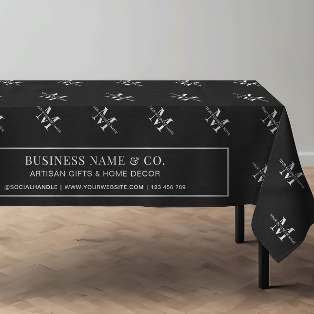 Minimale Schwarze Geschäftsinitialen Monogram Mark Tischdecke (Minimalist black monogrammed business trade show tablecloth with fully editable text & colors)