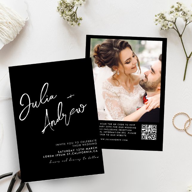 Minimale Schwarzweiß-QR-Foto-Hochzeit Einladung (Von Creator hochgeladen)