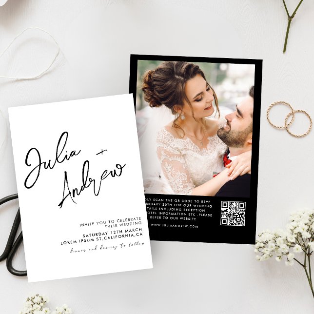 Minimale Schwarzweiß-QR-Foto-Hochzeit Einladung (Von Creator hochgeladen)