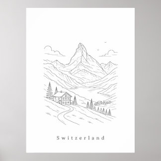 Minimale Schweiz Linienkunst Druck | Skandinavisch Poster