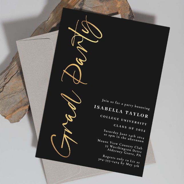 Minimale Script Black Gold Graduation Party Einladung (Von Creator hochgeladen)