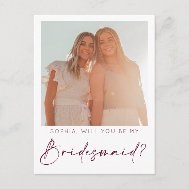 Minimale Script Bridesmaid Vorschlagskarte mit Fot Postkarte (Vorderseite)
