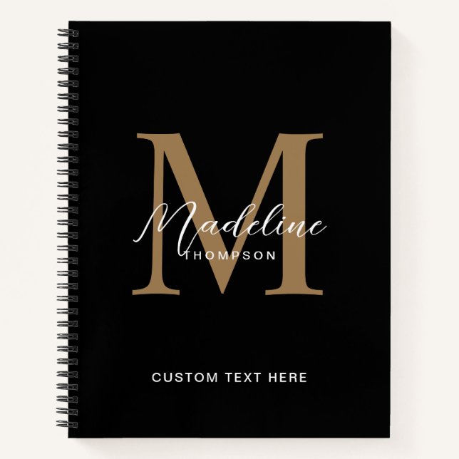 Minimale Script Calligrafy Black Gold Monogram Notizbuch (Vorderseite)